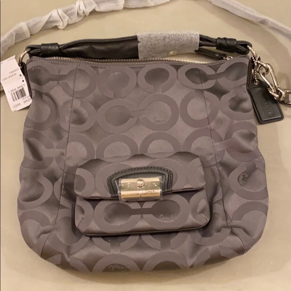 Coach Kristin Op Art Sateen Hobo Silver/Cement Lg